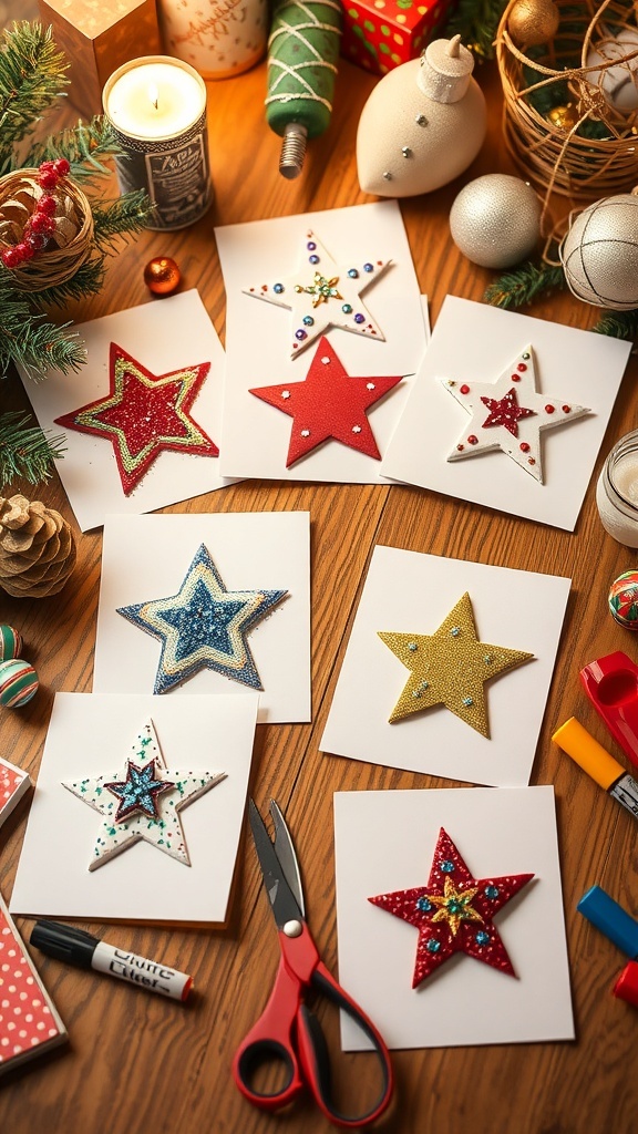 Handmade Christmas cards with star designs, glitter, and festive decorations on a crafting table.